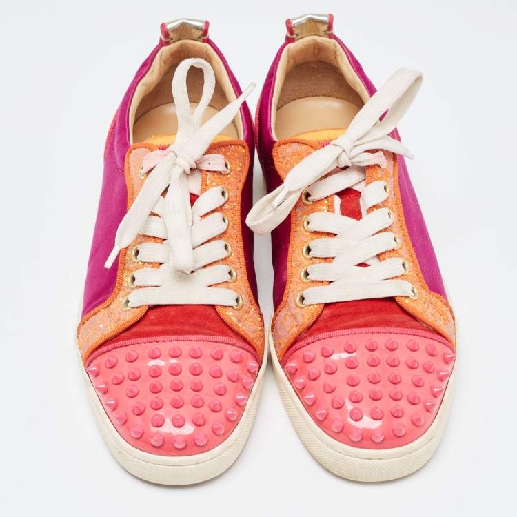 Pre Owned Christian Louboutin Multicolor Satin And Leather Spikes Low Top Sneakers Size 38.5