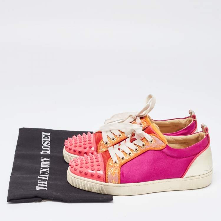 Pre Owned Christian Louboutin Multicolor Satin And Leather Spikes Low Top Sneakers Size 38.5