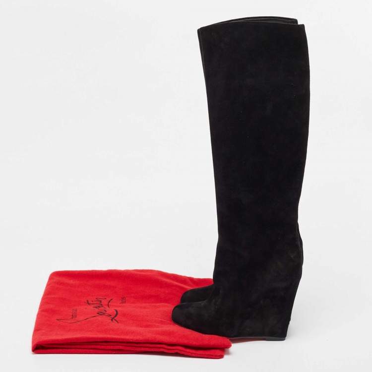 Pre Owned Christian Louboutin Black Suede Melissa Botta Wedge Knee Boots Size 37.5