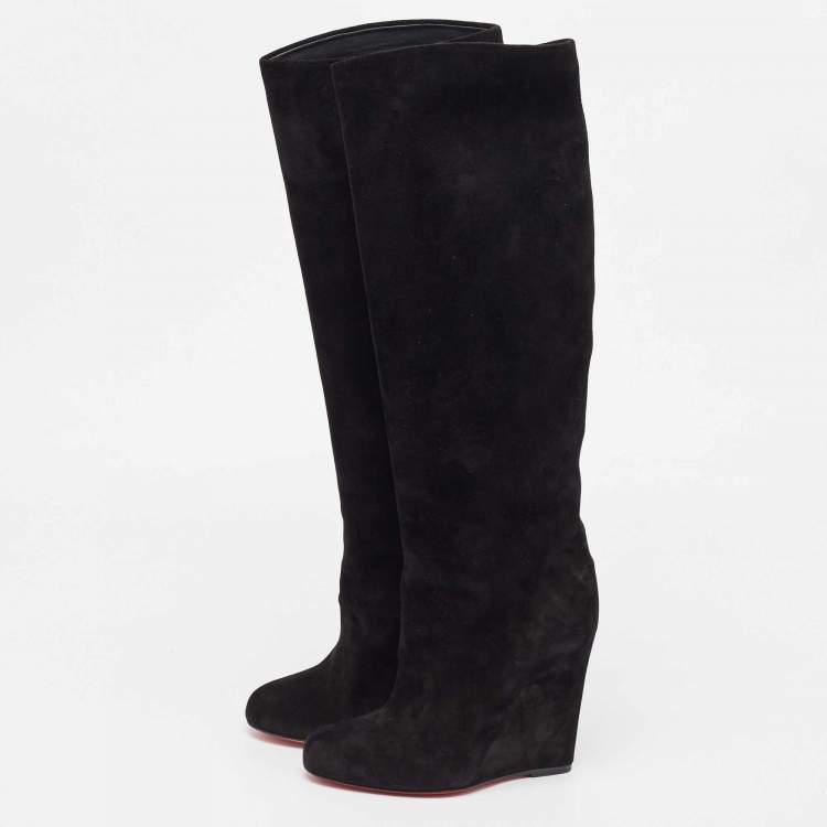 Pre Owned Christian Louboutin Black Suede Melissa Botta Wedge Knee Boots Size 37.5