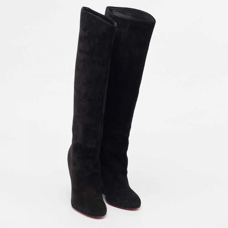 Pre Owned Christian Louboutin Black Suede Melissa Botta Wedge Knee Boots Size 37.5