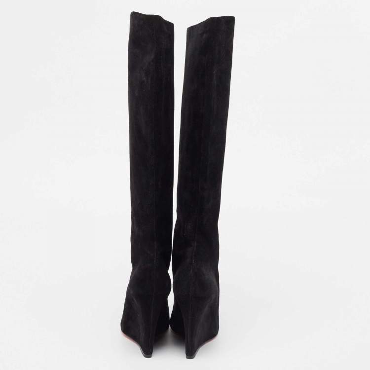 Pre Owned Christian Louboutin Black Suede Melissa Botta Wedge Knee Boots Size 37.5