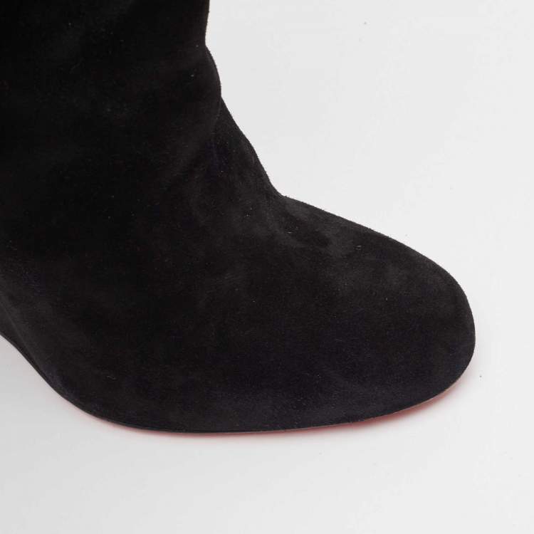Pre Owned Christian Louboutin Black Suede Melissa Botta Wedge Knee Boots Size 37.5