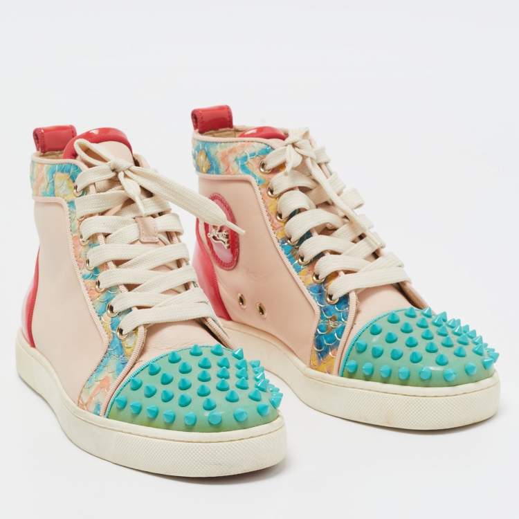 Pre Owned Christian Louboutin Multicolor Patent and Leather Louis Spikes High Top Sneakers Size 36.5