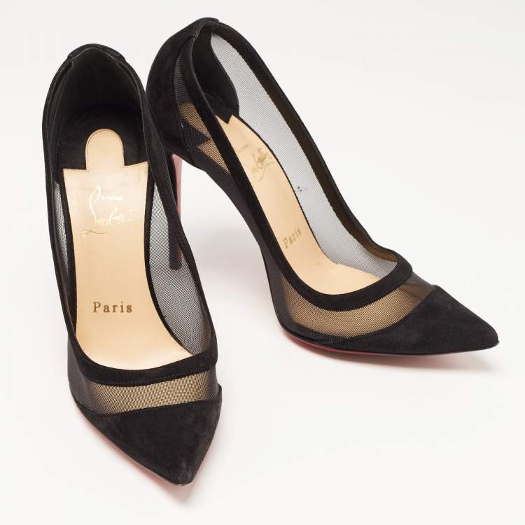 Pre Owned Christian Louboutin Black Suede and Mesh Galativi Strass Pumps Size 36