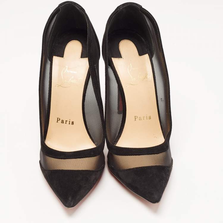 Pre Owned Christian Louboutin Black Suede and Mesh Galativi Strass Pumps Size 36