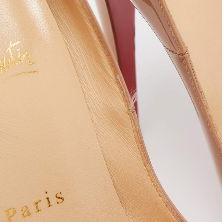 Pre Owned Christian Louboutin Beige Patent Leather Lady Peep Platform Pumps Size 37