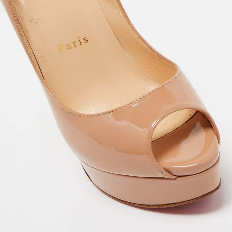Pre Owned Christian Louboutin Beige Patent Leather Lady Peep Platform Pumps Size 37