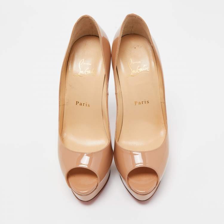 Pre Owned Christian Louboutin Beige Patent Leather Lady Peep Platform Pumps Size 37