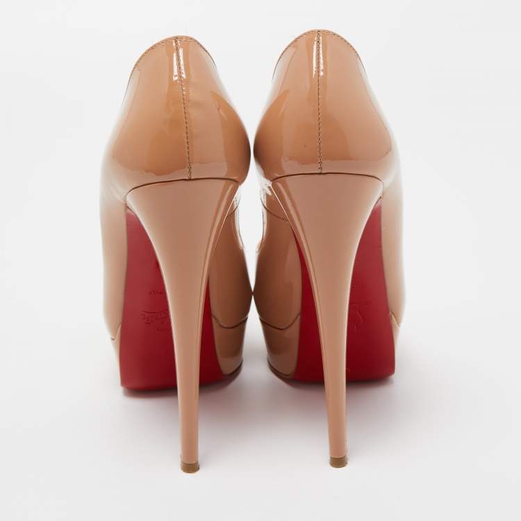 Pre Owned Christian Louboutin Beige Patent Leather Lady Peep Platform Pumps Size 37