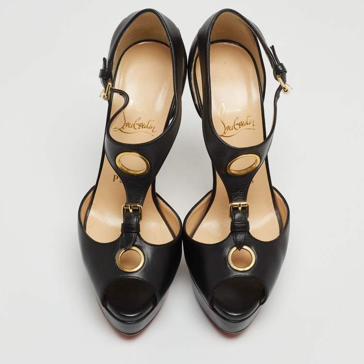Pre Owned Christian Louboutin Black Leather T-Bar Peep Toe Platform Sandals Size 36