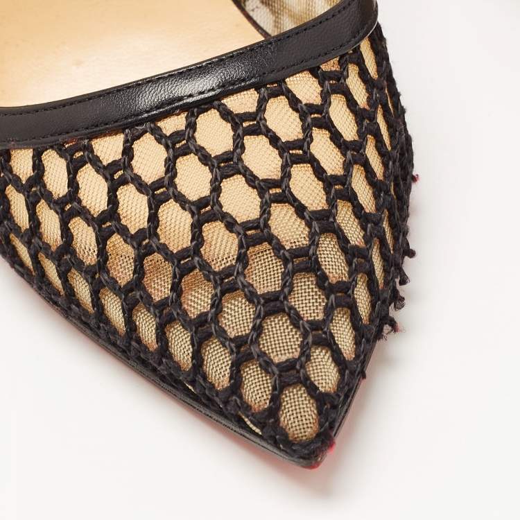 Pre Owned Christian Louboutin Black Leather and Mesh Miluna Slingback Pumps Size 37.5