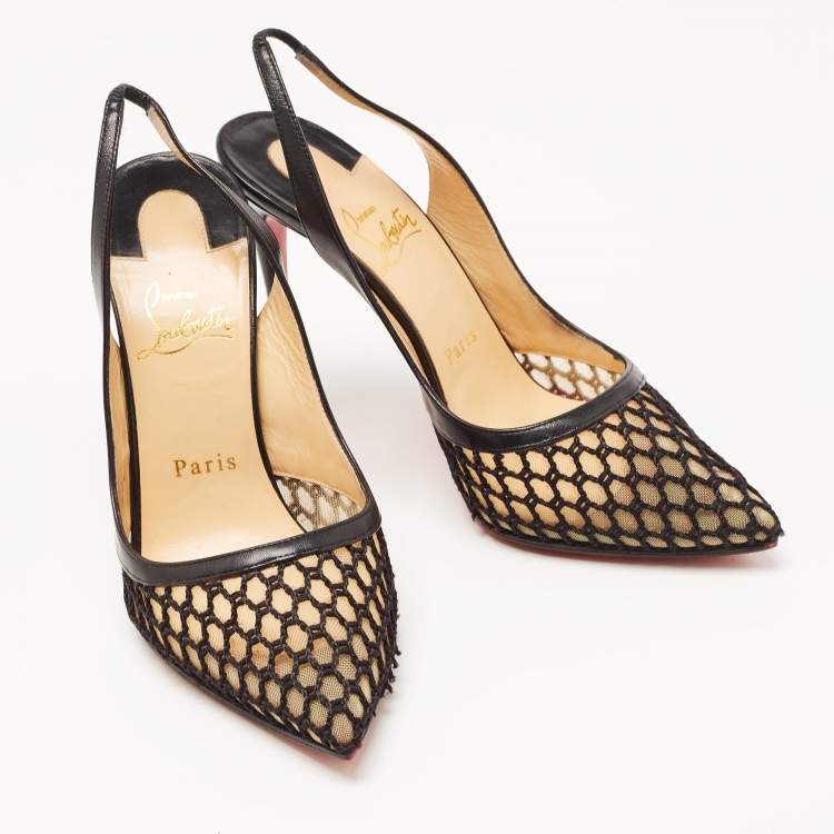 Pre Owned Christian Louboutin Black Leather and Mesh Miluna Slingback Pumps Size 37.5