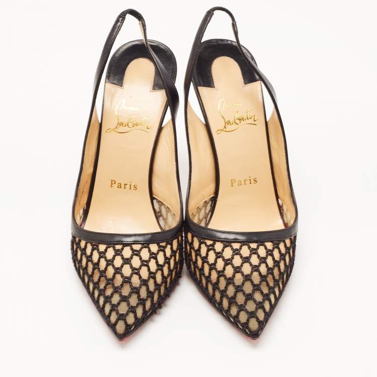 Pre Owned Christian Louboutin Black Leather and Mesh Miluna Slingback Pumps Size 37.5