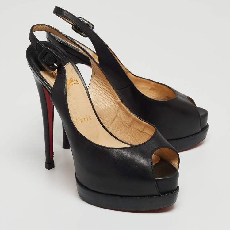 Pre Owned Christian Louboutin Black Leather Palais Royal Slingback Pumps Size 37.5