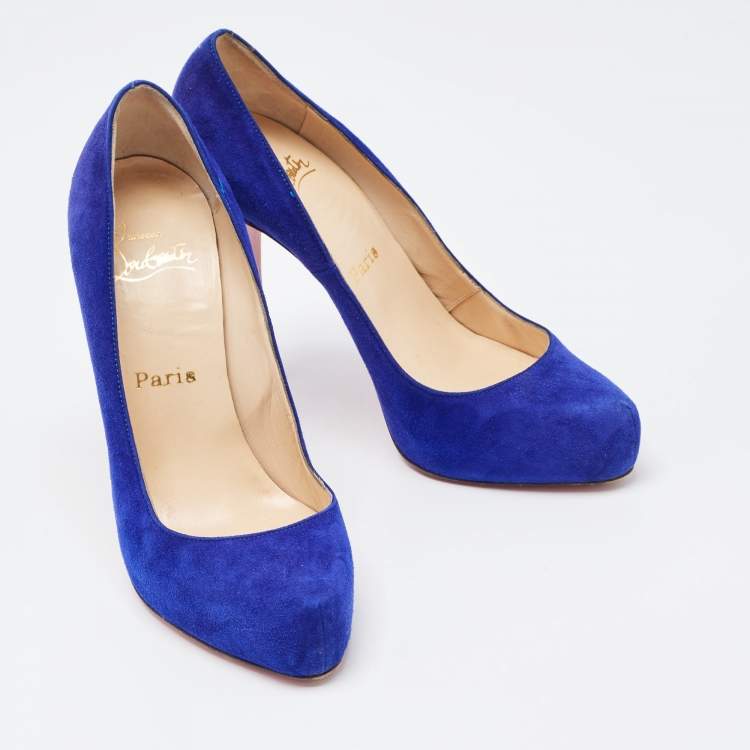 Pre Owned Christian Louboutin Blue Suede Ronaldo Pumps Size 37.5