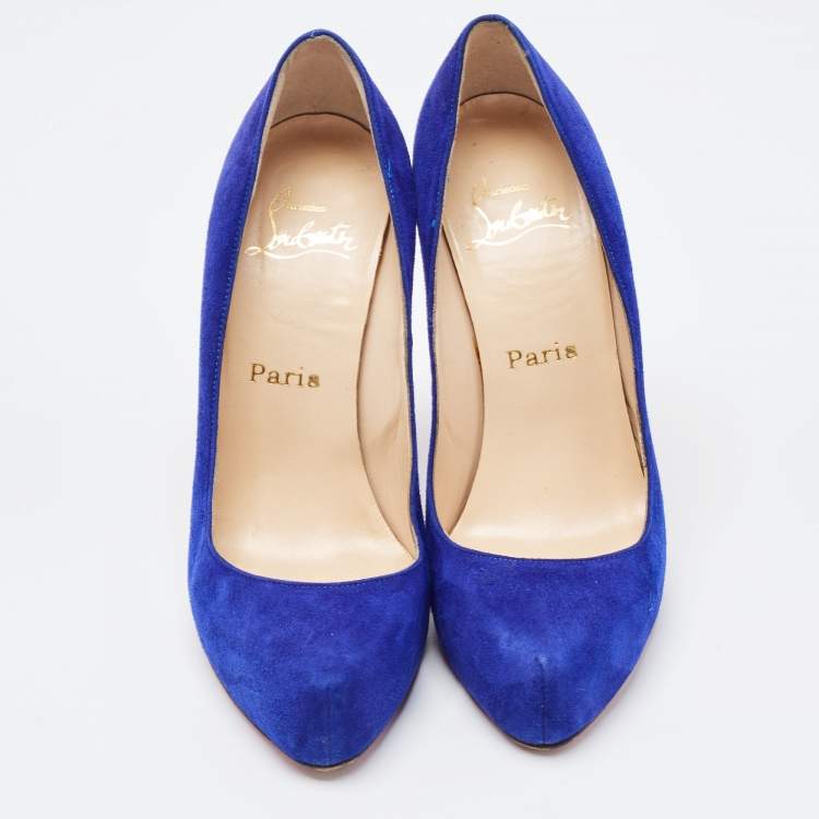 Pre Owned Christian Louboutin Blue Suede Ronaldo Pumps Size 37.5