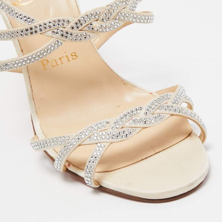 Pre Owned Christian Louboutin Cream Satin Crystal Embellished Ankle Strap Sandals Size 37