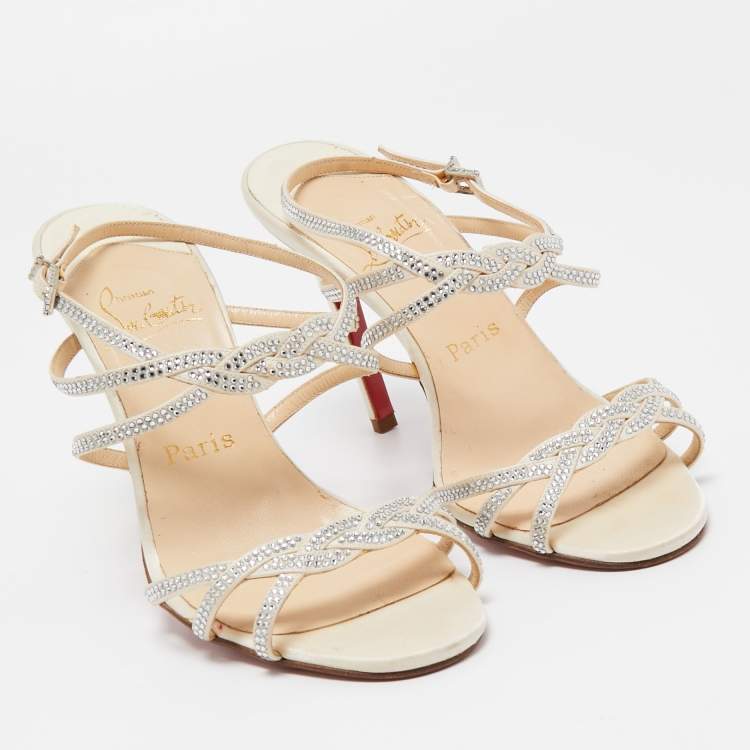 Pre Owned Christian Louboutin Cream Satin Crystal Embellished Ankle Strap Sandals Size 37