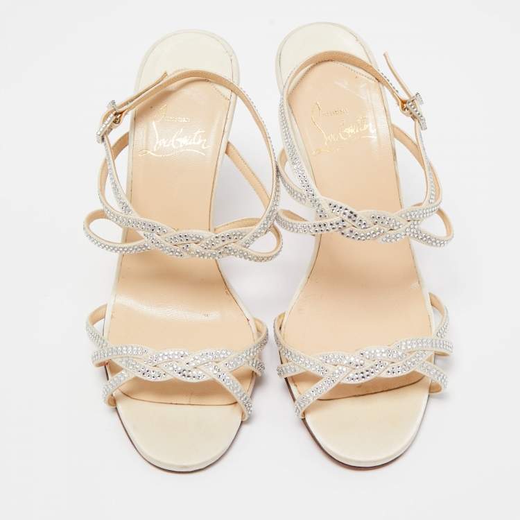 Pre Owned Christian Louboutin Cream Satin Crystal Embellished Ankle Strap Sandals Size 37