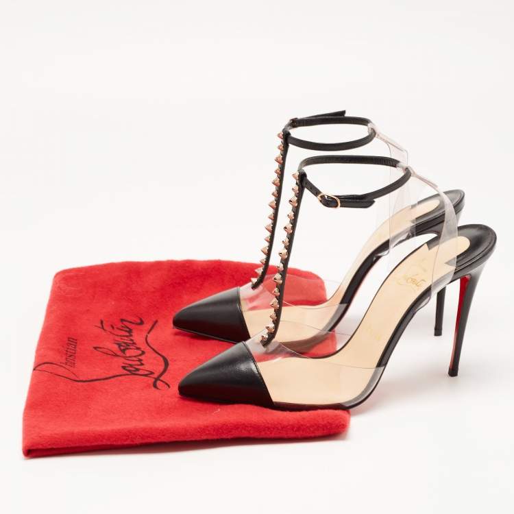 Pre Owned Christian Louboutin Black Leather and PVC Nosy Spikes Sandals Size 38.5