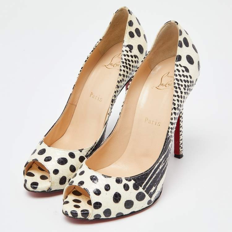 Pre Owned Christian Louboutin Black/White Watersnake Printed Flo Pumps Size 37.5
