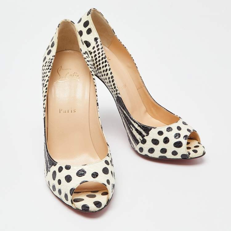 Pre Owned Christian Louboutin Black/White Watersnake Printed Flo Pumps Size 37.5