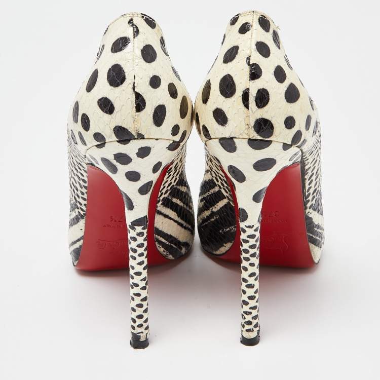 Pre Owned Christian Louboutin Black/White Watersnake Printed Flo Pumps Size 37.5