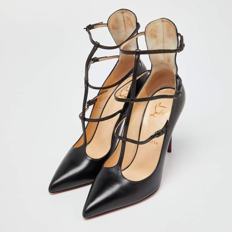 Pre Owned Christian Louboutin Black Leather Kadreyana Cage Pumps Size 38