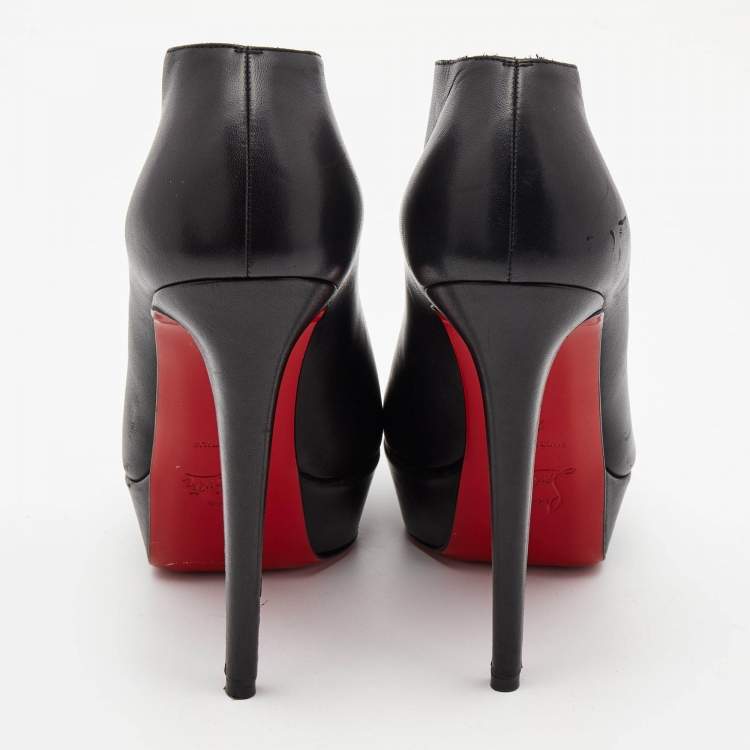 Pre Owned Christian Louboutin Black Leather Miss Fast Plato Platform Ankle Booties Size 38