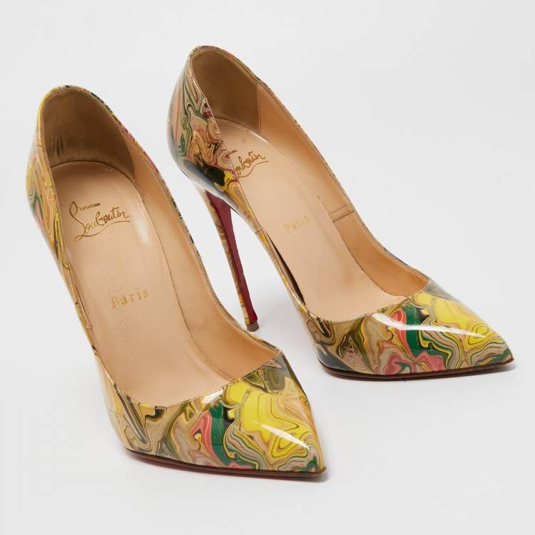 Pre Owned Christian Louboutin Multicolor Marble Print Patent Leather Pigalle Follies Pumps Size 37.5