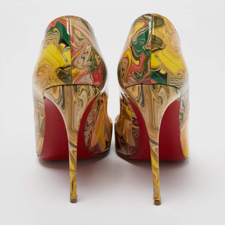 Pre Owned Christian Louboutin Multicolor Marble Print Patent Leather Pigalle Follies Pumps Size 37.5