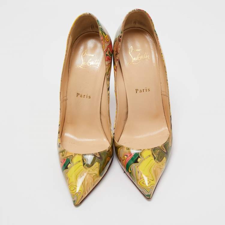 Pre Owned Christian Louboutin Multicolor Marble Print Patent Leather Pigalle Follies Pumps Size 37.5
