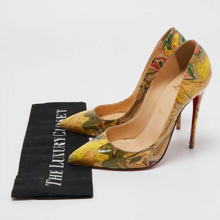 Pre Owned Christian Louboutin Multicolor Marble Print Patent Leather Pigalle Follies Pumps Size 37.5