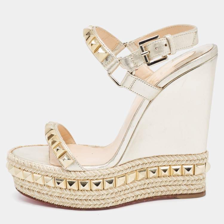 Pre Owned Christian Louboutin Gold Leather Cataclou Wedge Sandals Size 37