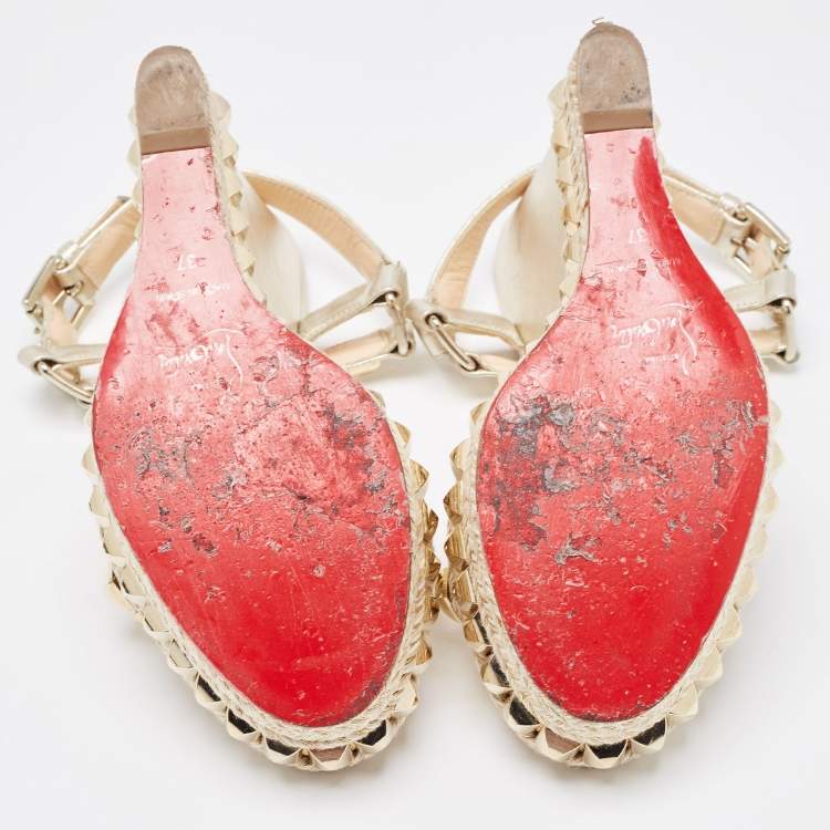 Pre Owned Christian Louboutin Gold Leather Cataclou Wedge Sandals Size 37