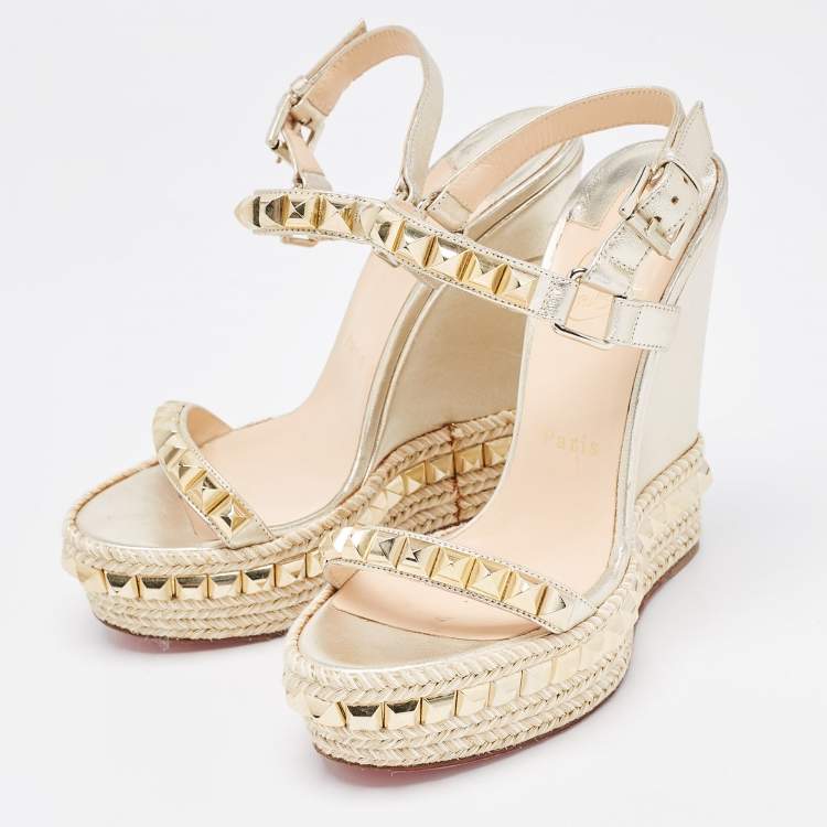 Pre Owned Christian Louboutin Gold Leather Cataclou Wedge Sandals Size 37