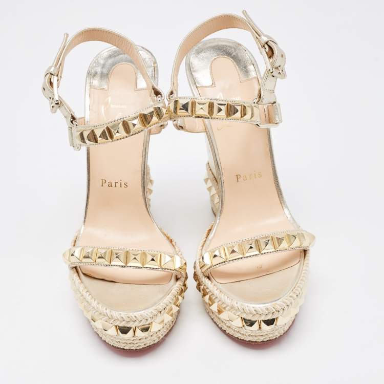 Pre Owned Christian Louboutin Gold Leather Cataclou Wedge Sandals Size 37