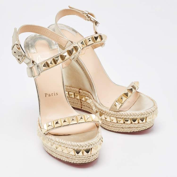 Pre Owned Christian Louboutin Gold Leather Cataclou Wedge Sandals Size 37