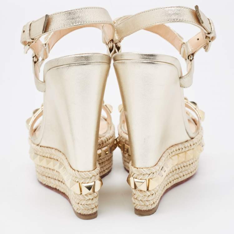 Pre Owned Christian Louboutin Gold Leather Cataclou Wedge Sandals Size 37