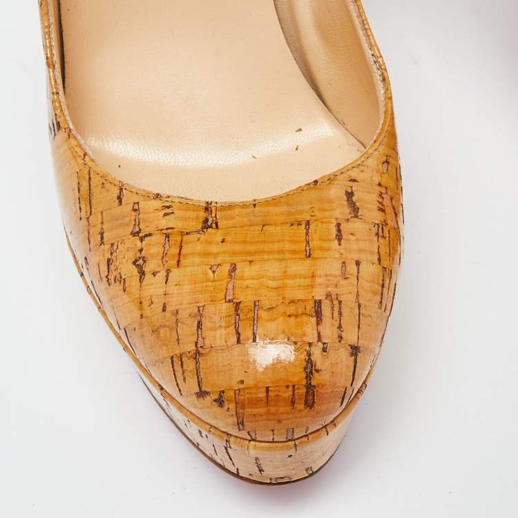 Pre Owned Christian Louboutin Beige Cork Bianca Platform Pumps Size 37.5