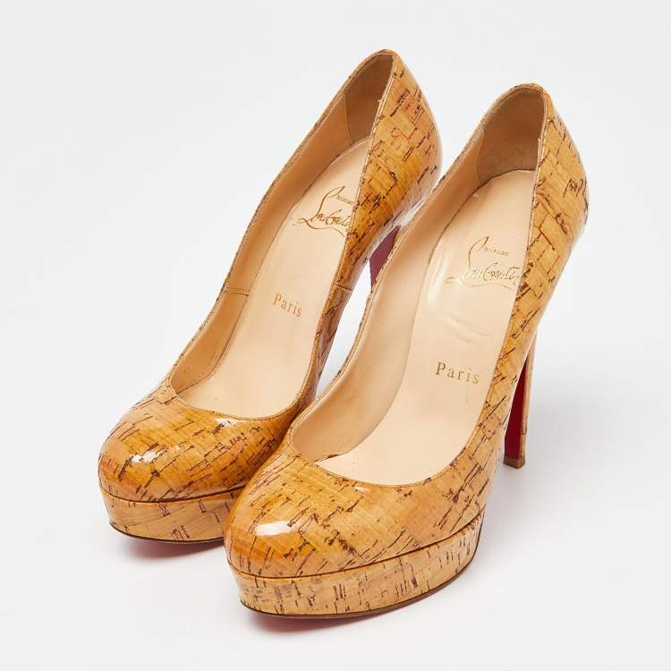 Pre Owned Christian Louboutin Beige Cork Bianca Platform Pumps Size 37.5