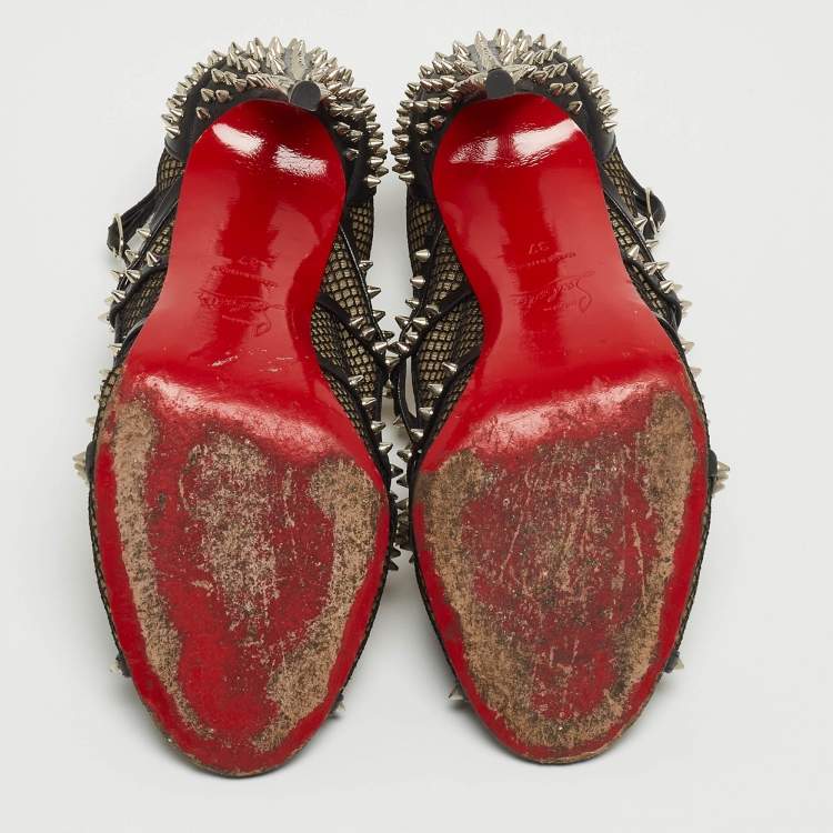 Pre Owned Christian Louboutin Black Leather and Mesh Spike Pumps Size 37