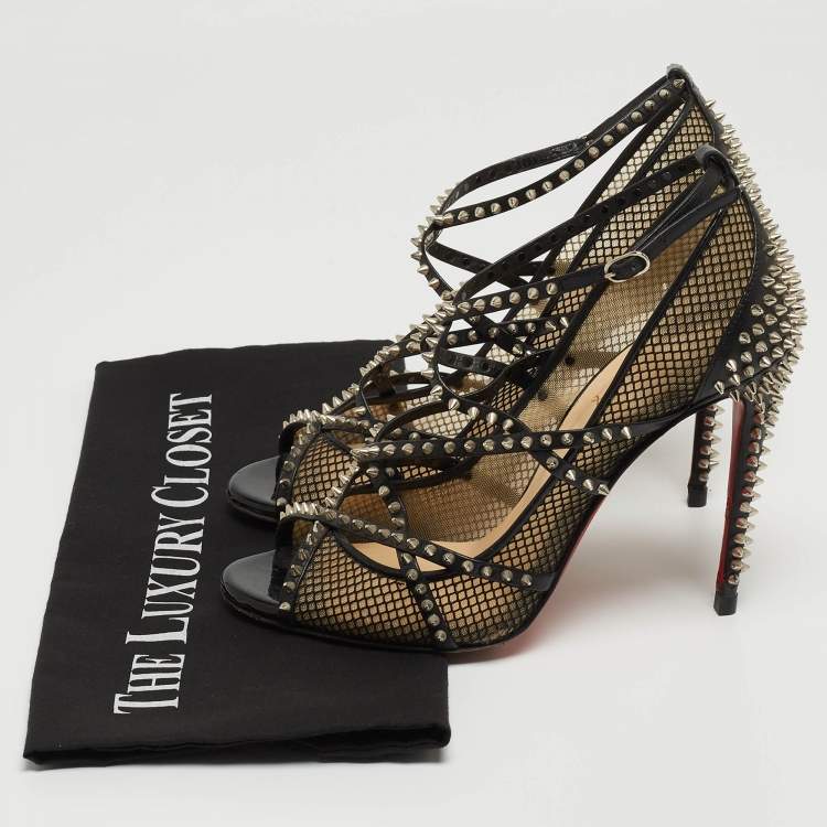Pre Owned Christian Louboutin Black Leather and Mesh Spike Pumps Size 37