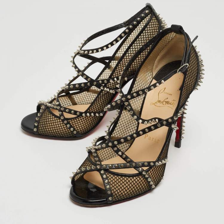 Pre Owned Christian Louboutin Black Leather and Mesh Spike Pumps Size 37