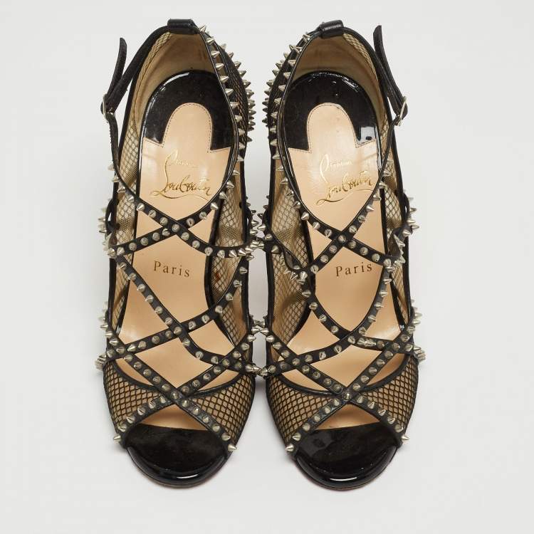 Pre Owned Christian Louboutin Black Leather and Mesh Spike Pumps Size 37
