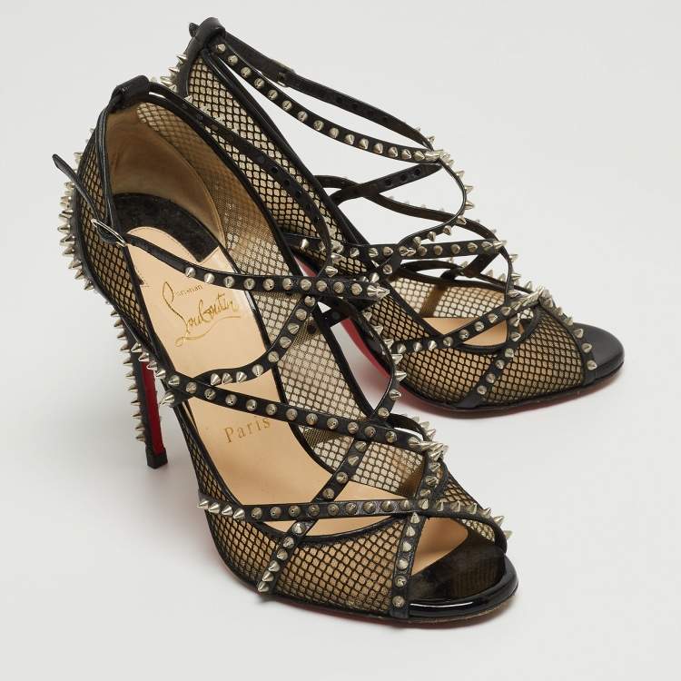 Pre Owned Christian Louboutin Black Leather and Mesh Spike Pumps Size 37