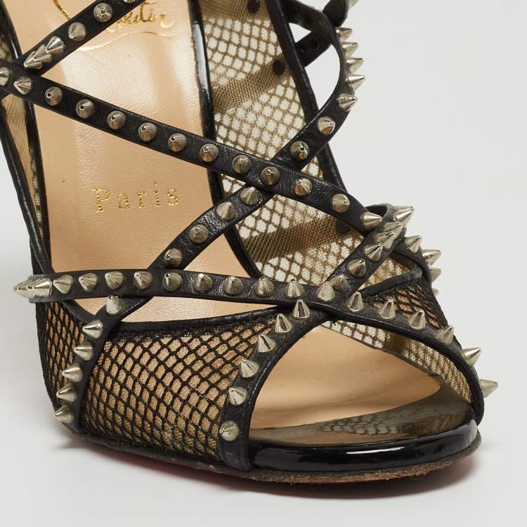 Pre Owned Christian Louboutin Black Leather and Mesh Spike Pumps Size 37