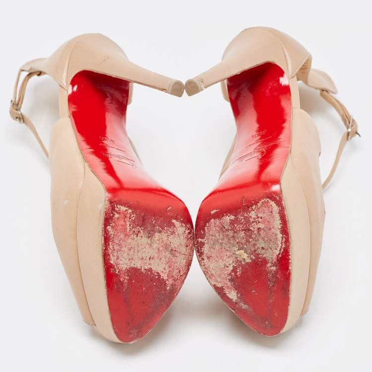 Pre Owned Christian Louboutin Beige Leather Marlenalta Peep Toe Platform Ankle Strap Sandals Size 36.5