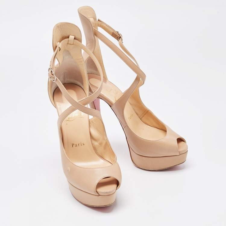 Pre Owned Christian Louboutin Beige Leather Marlenalta Peep Toe Platform Ankle Strap Sandals Size 36.5